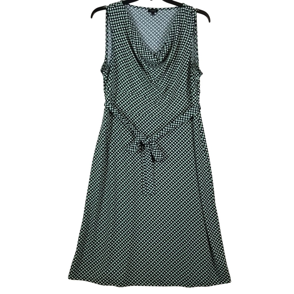 Talbots Women XL Green Navy White Dot Cowl Neck Sleeveless Belted Dress